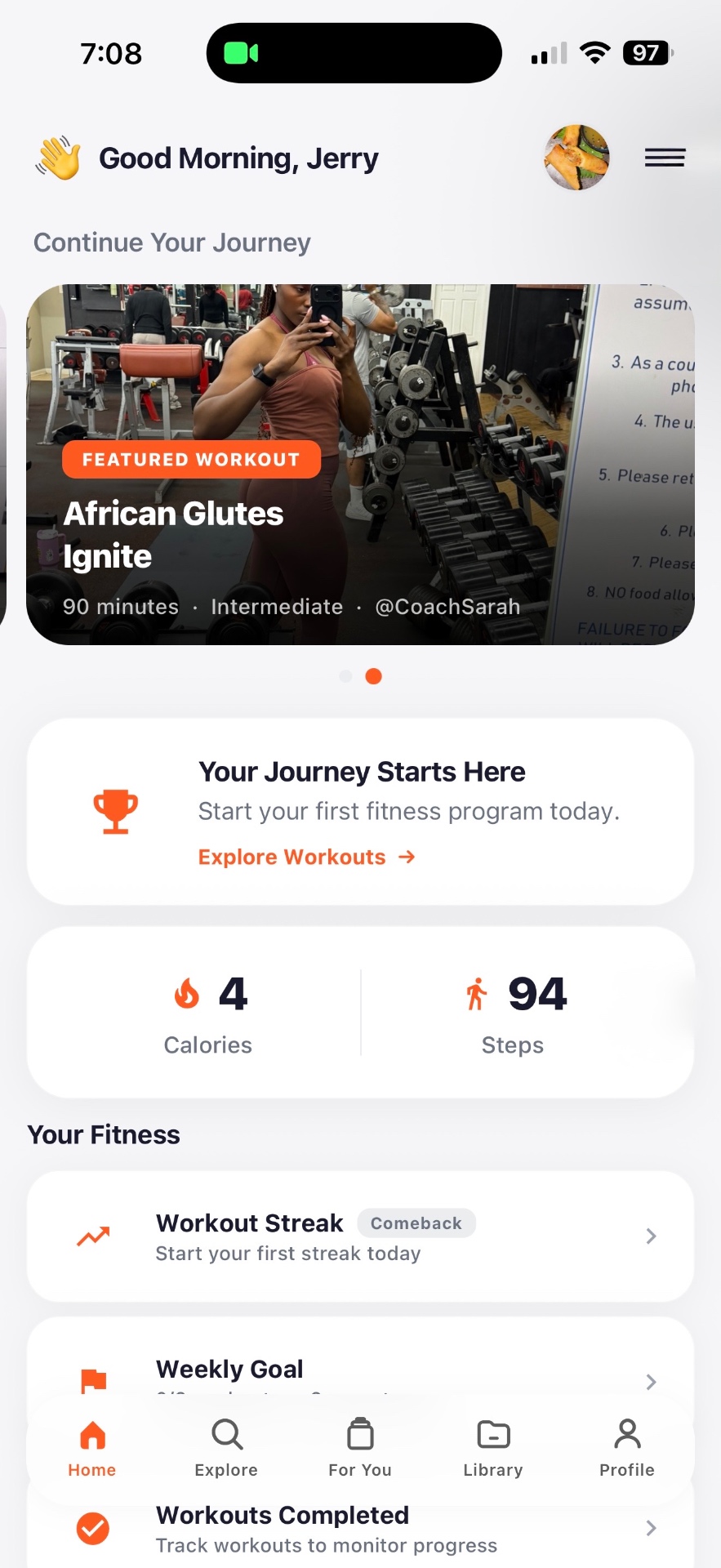GoFitWellness app interface showing a workout plan